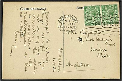 ½d George V i parstykke på brevkort dateret ombord på S/S Naldera og annulleret med fransk skibsstempel Marseille-Gare / Paquebot d. 2.9.1926 til London, England.