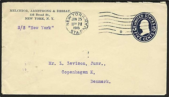 5 cents helsagskuvert fra New York d. 25.6.1915 til København, Danmark. Påskrevet: S/S New York