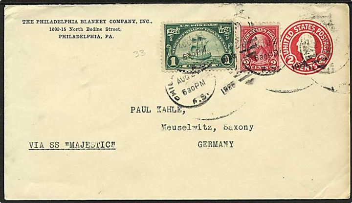 2 cents helsagskuvert opfrankeret med 3 cents og sendt fra Philadelphia d. 24.8.1925 til Meuselwitz, Tyskland. Påskrevet: Via SS Majestic.
