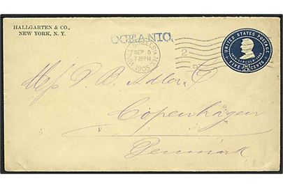 5 cents helsagskuvert stemplet Wall Street Sta. N.Y. d. 5.9.1905 til København, Danmark. Påstemplet skibsnavn: Oceanic.