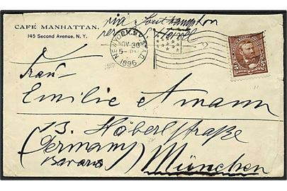 5 cent på brev fra New York d. 30.11.1896 til München, Tyskland. Påskrevet: via Southampton per S.S. Harvel.