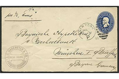 5 cents helsagskuvert fra New York d. 6.1.1896 til München, Tyskland. Påskrevet: per S/S Ems.