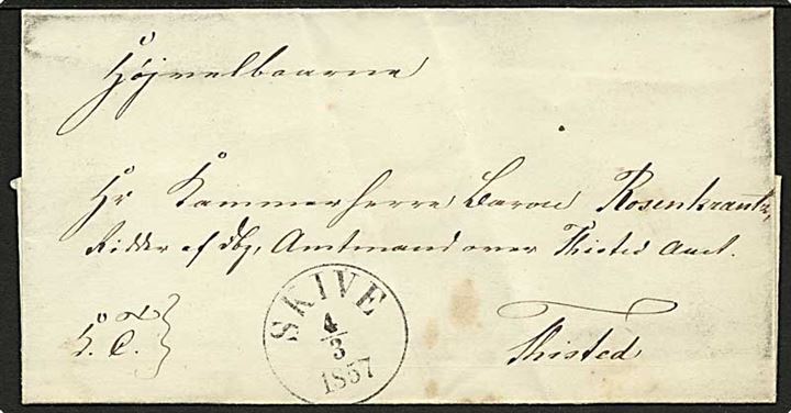 1857. Ufrankeret tjenestebrev påskrevet K.T. med antiqua stempel Skive d. 4.3.1857 til Thisted.