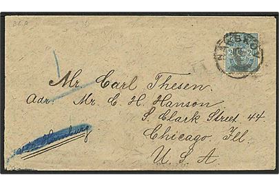 20 øre Våben på brev fra Nakskov d. x.4.1894 til Chicago, USA. Påskrevet: via Hamburg, som er overstreget.