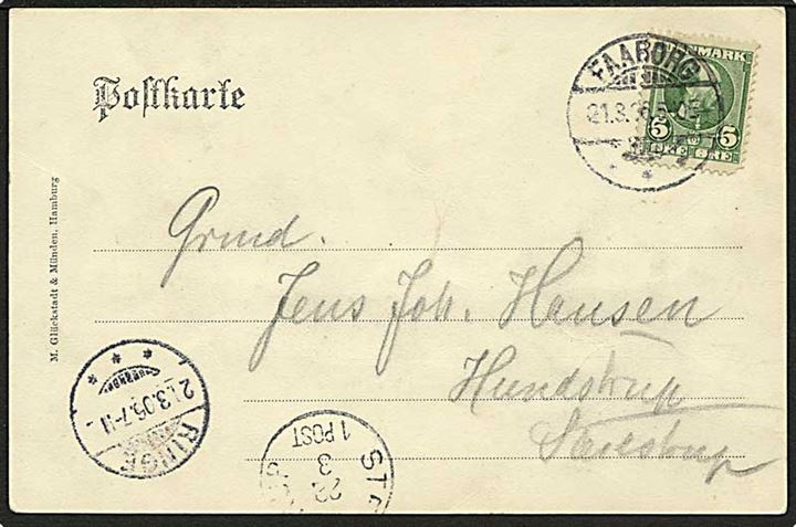 5 øre Chr. IX på brevkort (Gruss vom Dampfer Fylla) stemplet Faaborg d. 21.3.1906 via Ringe til Stenstrup. Ank.stemplet med lapidar stempel Stenstrup. Sen anvendelse.
