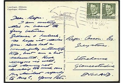 35 øre Fr. IX i parstykke på brevkort annulleret med skibsstempel Dansk Søpost Gedser-Grosenbrode d. 8.10.1961 til England.