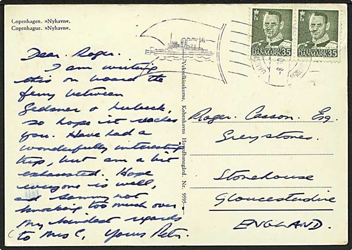 35 øre Fr. IX i parstykke på brevkort annulleret med skibsstempel Dansk Søpost Gedser-Grosenbrode d. 8.10.1961 til England.