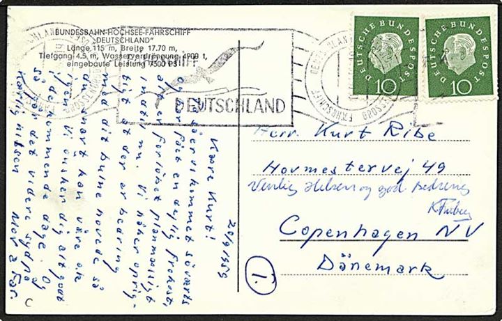 Tysk 10 pfg. Heuss (2) på brevkort (Færgen Deutschland) annulleret med skibsstempel Fährschiff Deutschland Grossenbrode - Gedser d. 20.9.1959 til København, Danmark.