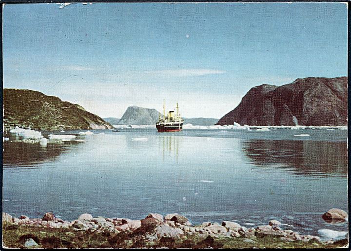 Grønland. Godthåbs Fjord med Grønlandske Handels flagskib M/S Umanak. Grønlunds Forlag no. G 5. 