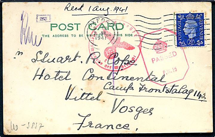 2½d George VI på krigsfangebrevkort fra Oxford d. 2.7.1941 til britisk civil interneret i Frontstalag 142 (= Besançon, Frankrig) - lejren lukkede i begyndelsen af 1941 og de internerede blev flyttet til Hotel Continental i Vittel, Vorges, som hed Frontstalag 121. Både britisk og tysk censur.