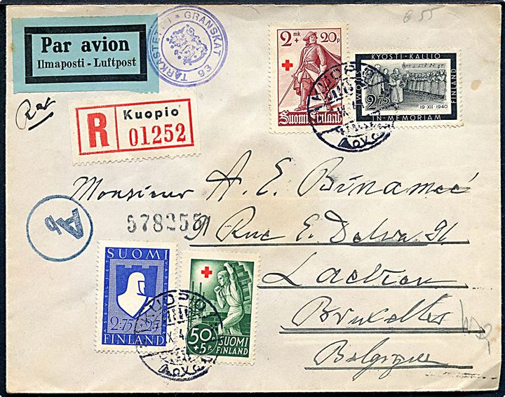 Blandingsfrankeret anbefalet luftpostbrev fra Kuopio d. 7.9.1941 til Bruxelles, Belgien. Passér stemplet af både den finske og tyske censur.