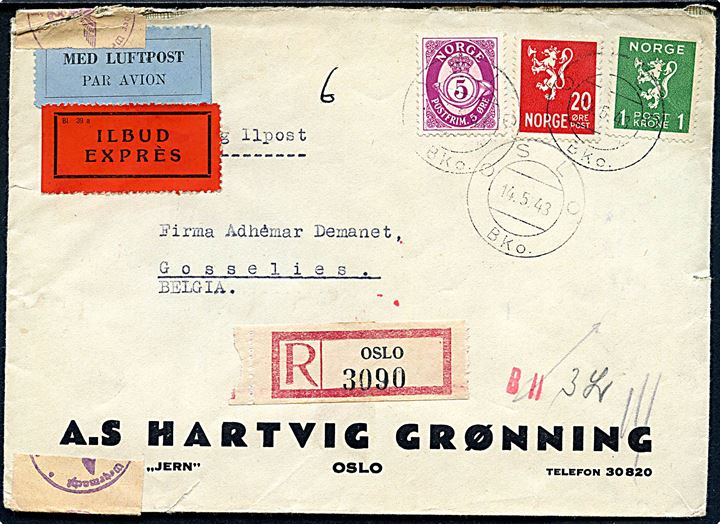 5 øre Posthorn, 20 øre og 1 kr. Løve på 125 øre frankeret anbefalet luftpost ekspresbrev fra Oslo d. 14.5.1943 til Gosselies, Belgien. Åbnet af tysk censur i Hamburg.