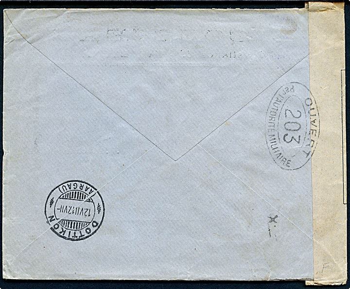 15 cts. og 25 cts. Alfonso XIII på brev fra Barcelona d. 1.7.1917 til Dottikon, Schweiz. Åbnet af fransk censur no. 203.