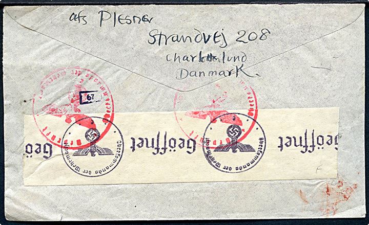 25 øre Karavel og 1 kr. Chr. X på luftpostbrev fra Charlottenlund d. 26.6.1941 til Little Falls, USA. Åbnet af tysk censur i Frankfurt.