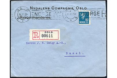 60 øre Løve single på anbefalet brev annulleret med særligt maskinstempel Oslo / Norge R d. 14.11.1929 til Basel, Schweiz.