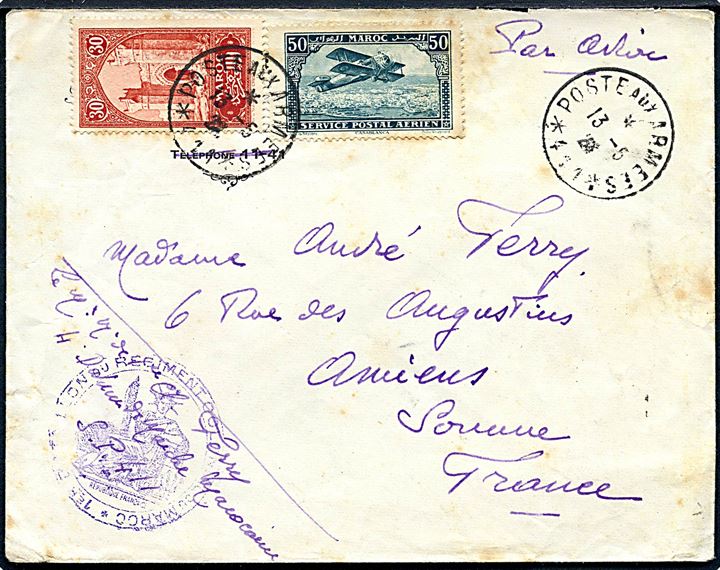 30 c. og 50 c. Luftpost på luftpostbrev annulleret med feltpoststempel Poste aux Armees *411* d. 13.5.1926 til Frankrig. Fra franske styrker i Marokko.