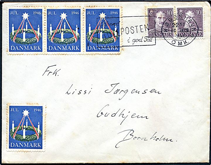 10 øre Chr. X i parstykke og Julemærke 1946 (4) på brev fra København d. 10.12.1946 til Gudhjem på Bornholm. Sendt fra soldat på søfæstningen Flakfort ved København