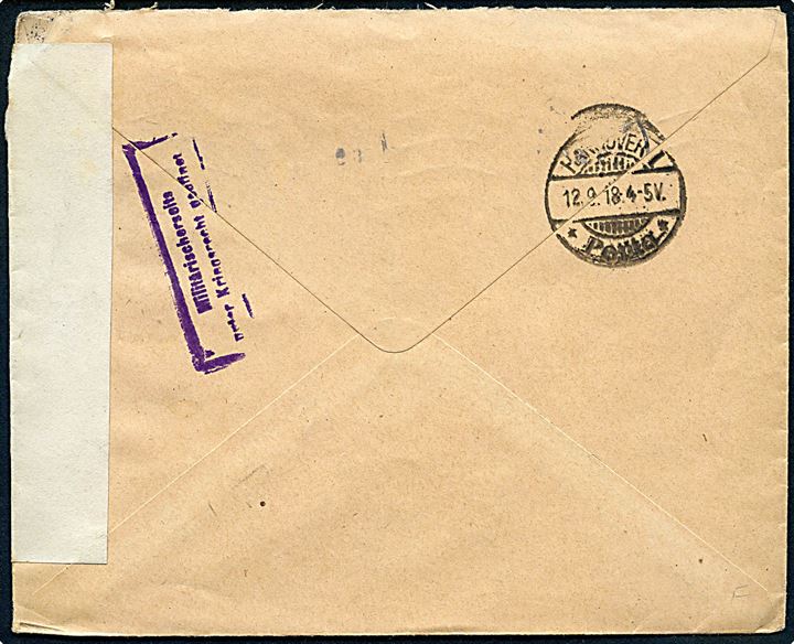 10 øre Chr. X på underfrankeret brev fra Kjøbenhavn d. 6.9.1918 til Hannover, Tyskland. Åbnet af tysk censur og udtakseret i 20 pfg. tysk porto.