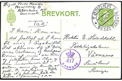 15 øre Chr. X helsagsbrevkort (fabr. 154) fra Tønder d. 4.8.1945 til Värnamo, Sverige. Dansk efterkrigscensur (krone)/417/Danmark.
