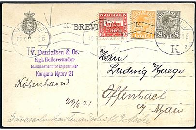 8 øre Chr. X helsagsbrevkort (fabr. 62-H) opfrankeret med 7 øre Chr. X helsagsafklip og 10 øre Genforening fra København d. 29.6.1921 til Offenbach, Tyskland.
