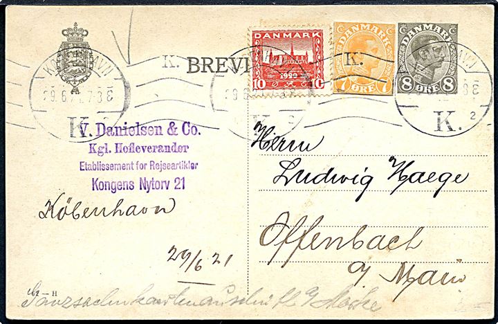 8 øre Chr. X helsagsbrevkort (fabr. 62-H) opfrankeret med 7 øre Chr. X helsagsafklip og 10 øre Genforening fra København d. 29.6.1921 til Offenbach, Tyskland.