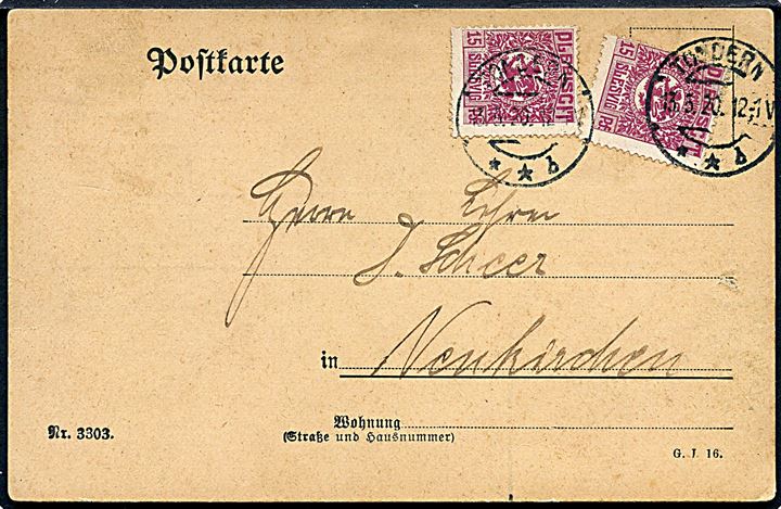 15 pfg. Fælles udg. (2) på brevkort stemplet Tondern **b d. 13.5.1920 til Neukirchen.