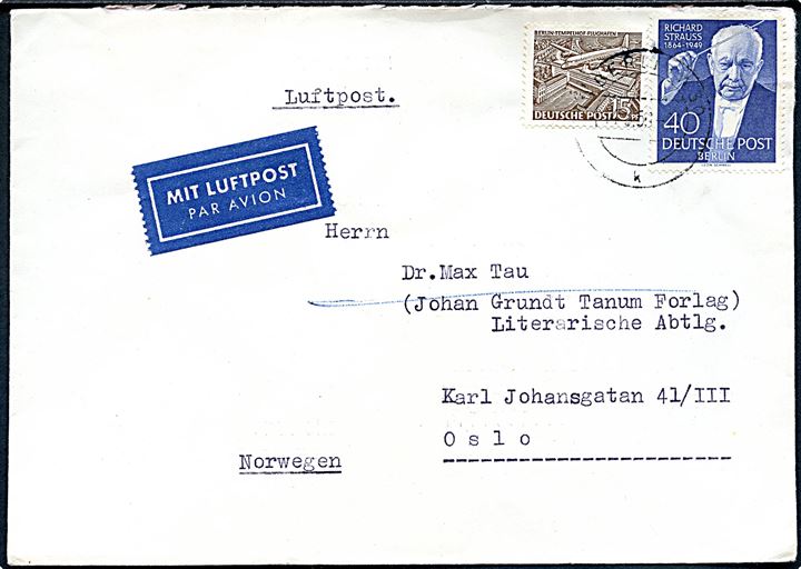 15 pfg. Luftpost og 40 pfg. Richard Strauss på luftpostbrev fra Berlin d. 11.3.1956 til Oslo, Norge.