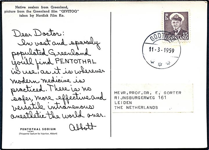 15 øre Fr. IX (skramme) på Dear Doctor postkort (Billed fra Qivitoq, Nordisk Film med Poul Richard) annulleret med fastindstillet brotype IIg Godthåb d. 11.3.1959 til Leiden, Holland.