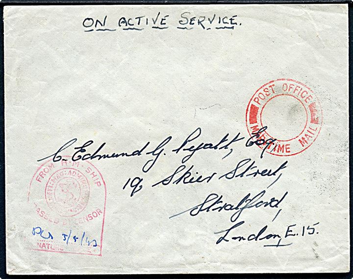 Ufrankeret OAS feltpostbrev fra sømand ombord på H.M.M.G.B. 50 c/o GPO London (HM Machine Gun Boat 50) dateret d. 3.5.1943 med stumt rødt stempelk Post Office Maritime Mail til London. Rød flådecensur.