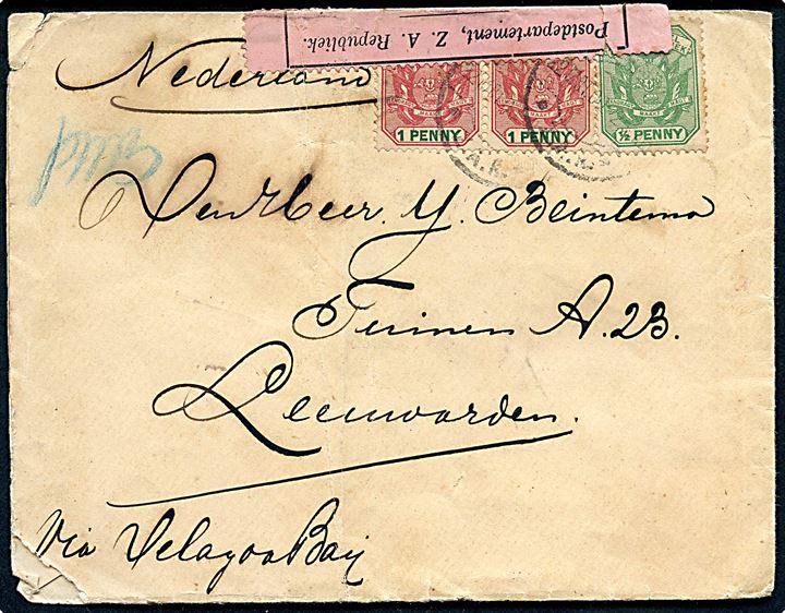 ½d og 1d (2) på brev fra Johannesburg d. 22.3.1900 via Delagoa Bay til Holland. Åbnet af sydafrikansk boer-krigscensur i Johannesburg. Hjørne skade.
