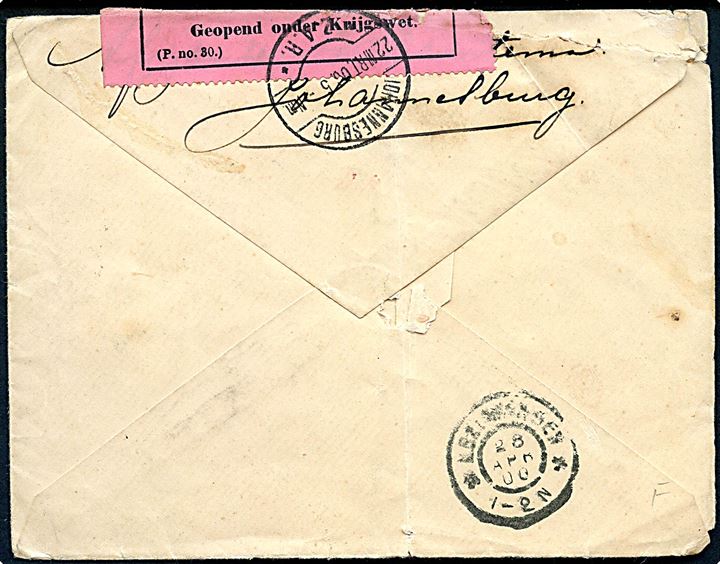½d og 1d (2) på brev fra Johannesburg d. 22.3.1900 via Delagoa Bay til Holland. Åbnet af sydafrikansk boer-krigscensur i Johannesburg. Hjørne skade.