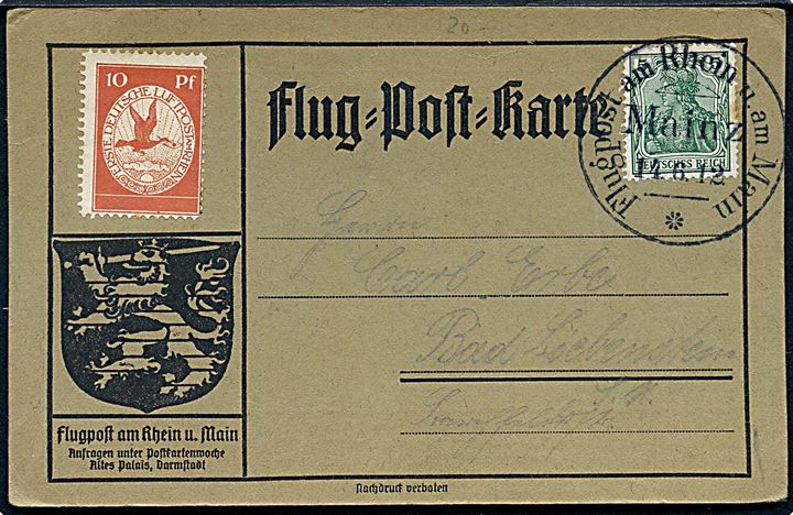 5 pfg. Germania annulleret Flugpost am Rhein u. am Main / Mainz d. 14.6.1912 og 10 pfg. Luftpostmærke (ustemplet) på officielt brevkort fra Mainz til Bad Löebenstein.