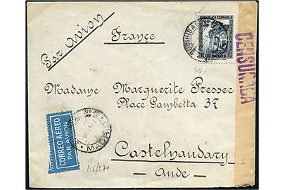 1 pta. single på luftpostbrev fra Madrid d. 9.3.1937 til Castelnaudary, Frankrig. Åbnet af spansk censur.