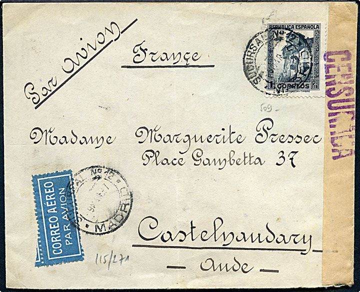 1 pta. single på luftpostbrev fra Madrid d. 9.3.1937 til Castelnaudary, Frankrig. Åbnet af spansk censur.