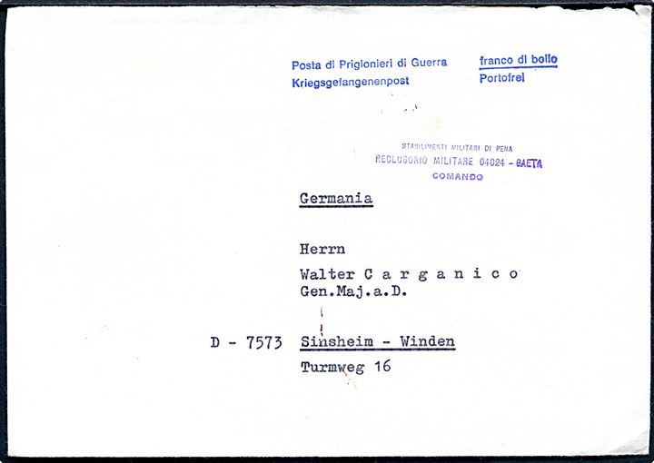 Ufrankeret krigsfangebrev fra ca. 1970 til Generalmajor Walter Carganico, Sinsheim, Tyskland. Sendt fra Gaeta i Italien hvor den tyske major Walter Reder sad som krigsfange indtil 1985. Bagklap og afsender mangler, men antagelig sendt fra major Reder.