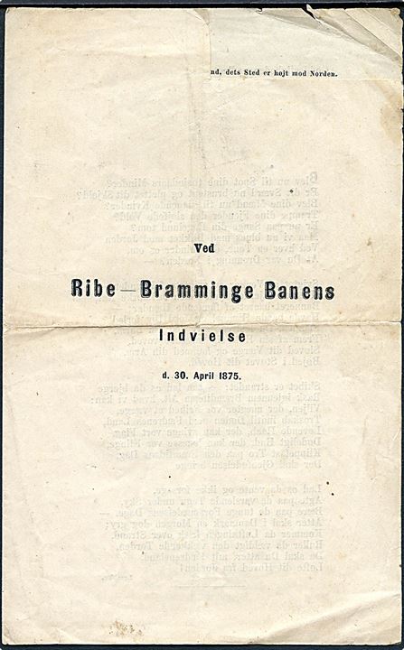 Ribe-Bramminge Banens Indvielse d. 30.4.1875. Sanghæfte med bl.a. lejlighedssang. Indklip i forside.