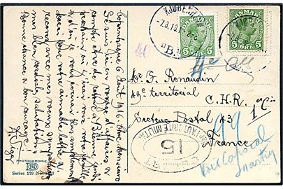 5 øre Chr. X og 5 øre Chr. X med tydelig automatafskæring på brevkort fra Kjøbenhavn B. d. 7.8.1916 til fransk feltpostadresse: 49e Territorial C.H.R., Sector Postal 43, Frankrig. Fransk censur no. 15.