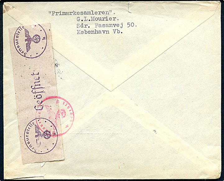 20 øre Landsby kirke på brev fra København d. 10.4.1945 til Stockholm, Sverige. Åbnet af Sønderborg-censuren med fortrykt April-banderole Zensurstelle K.