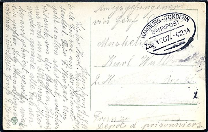 Ufrankeret krigsfangekort fra Elmshorn annulleret med vanskeligt bureaustempel Hamburg - Tondern Bahnpost Zug 1007 d. 4.12.1914 til Frankrig. Del af modtageradresse fjernet. Daka 800,-