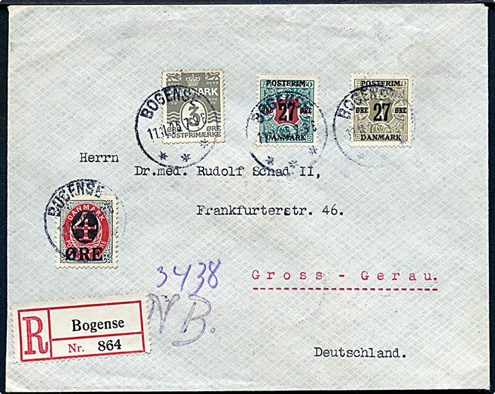 3 øre Bølgelinie, 4/8 øre, 27/1 øre og 27 øre/1 kr. Provisorium på anbefalet brev fra Bogense d. 11.11.1925 til Gross-Gerau, Tyskland.