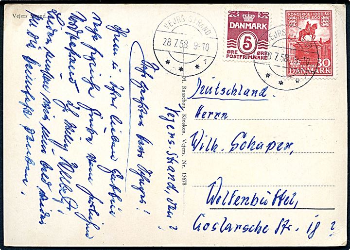5 øre Bølgelinie og 30 øre 1000 års udg. på brevkort annulleret med brotype IIc Vejrs Strand sn1 d. 28.7.1958 til Wolfenbüttel, Tyskland. Sjældent stempel fra sommerpostekspedition.