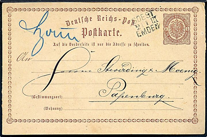 ½ gr. helsagsbrevkort med håndskrevet bynavn Hamm og annulleret bureau Soest - Emden d. 21.7.1874 til Papenburg.