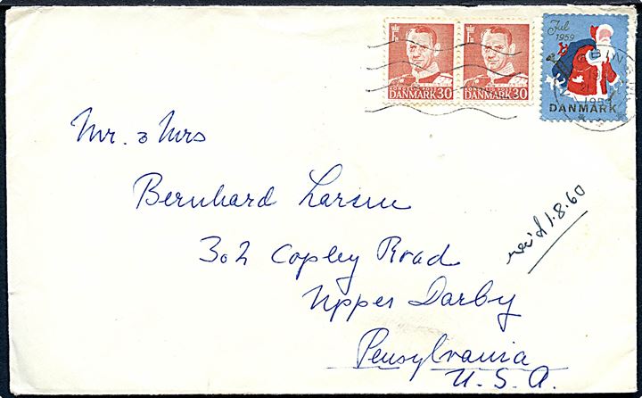 30 øre Fr. IX i parstykke og Julemærke 1959 på brev fra Nykøbing Mors d. 21.12.1959 til Upper Darby, USA.