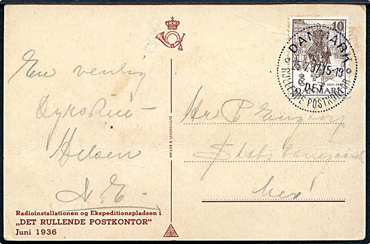 10 øre Regentjubilæum på lokalt brevkort annulleret med særstempel Danmark * Det rullende Postkontor * d. 25.7.1937. Kontoret var opstillet i Odense i dagene 23.-25.7.1937 i forbindelse med det Fynske Fællesskue.