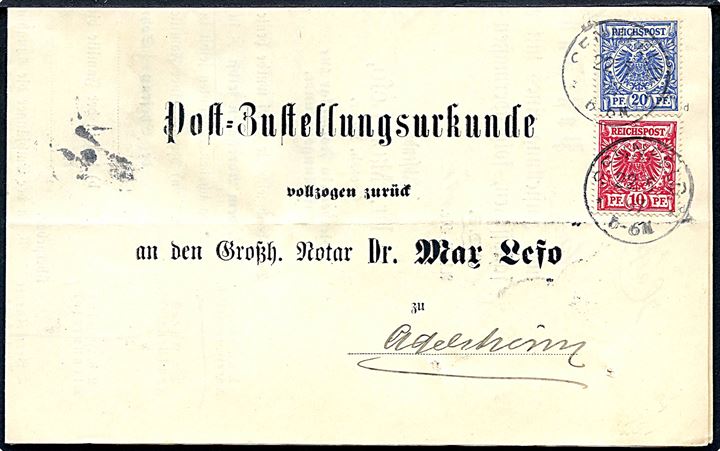 10 pfg. og 30 pfg. Adler på Post-Zustellungsurkunde fra Sennfeld d. 22.5.1897 til Adelsheim.