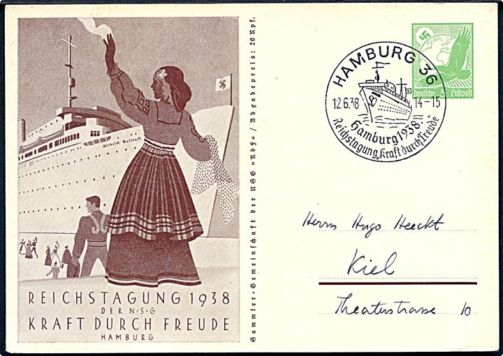 Reichstagung 1938 der N.S.G. Kraft durch Freude. 5 pfg. illustreret helsagsbrevkort med skibet Wilhelm Gustloff annulleret med særstempel i Hamburg d. 12.6.1938 til Kiel.