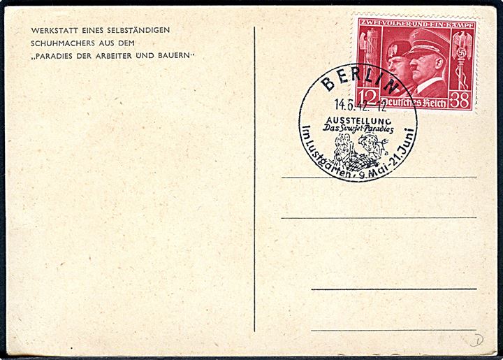 Propaganda. Das Sowjet-Paradies udstilling. Frankeret med 12+38 pfg. og annulleret med særligt udstillingsstempel i Berlin d. 14.6.1942.