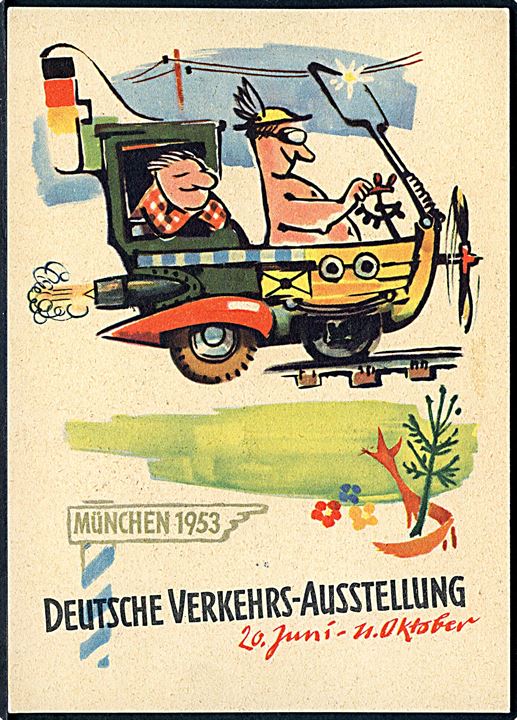Deutsche Verkehrs-Ausstellung München 1953. Frankeret med udstillings udg. og stemplet München d. 21.8.1953.