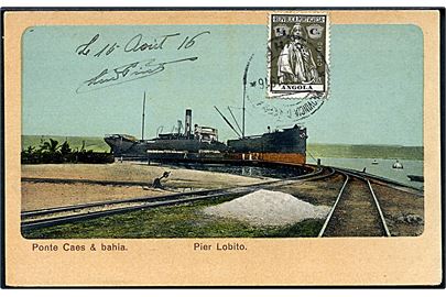 Angola. Havneparti fra Lobito med dampskib. Frankeret med 1/4 c. Koloni udg. stemplet d. 15.8.1916 til Frankrig.