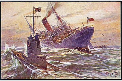 Stöwer, Willy: Tysk ubåd sænker britisk handelsskib under 1. verdenskrig.